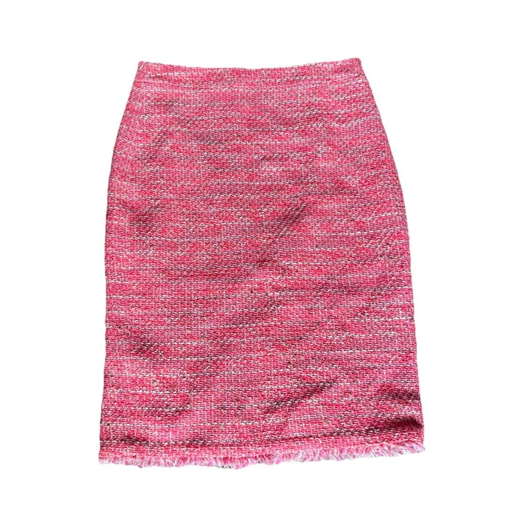 J.Crew Womens Tweed Pencil Skirt Pink Back Zip Frayed Hem Work Casual 2P PETITES